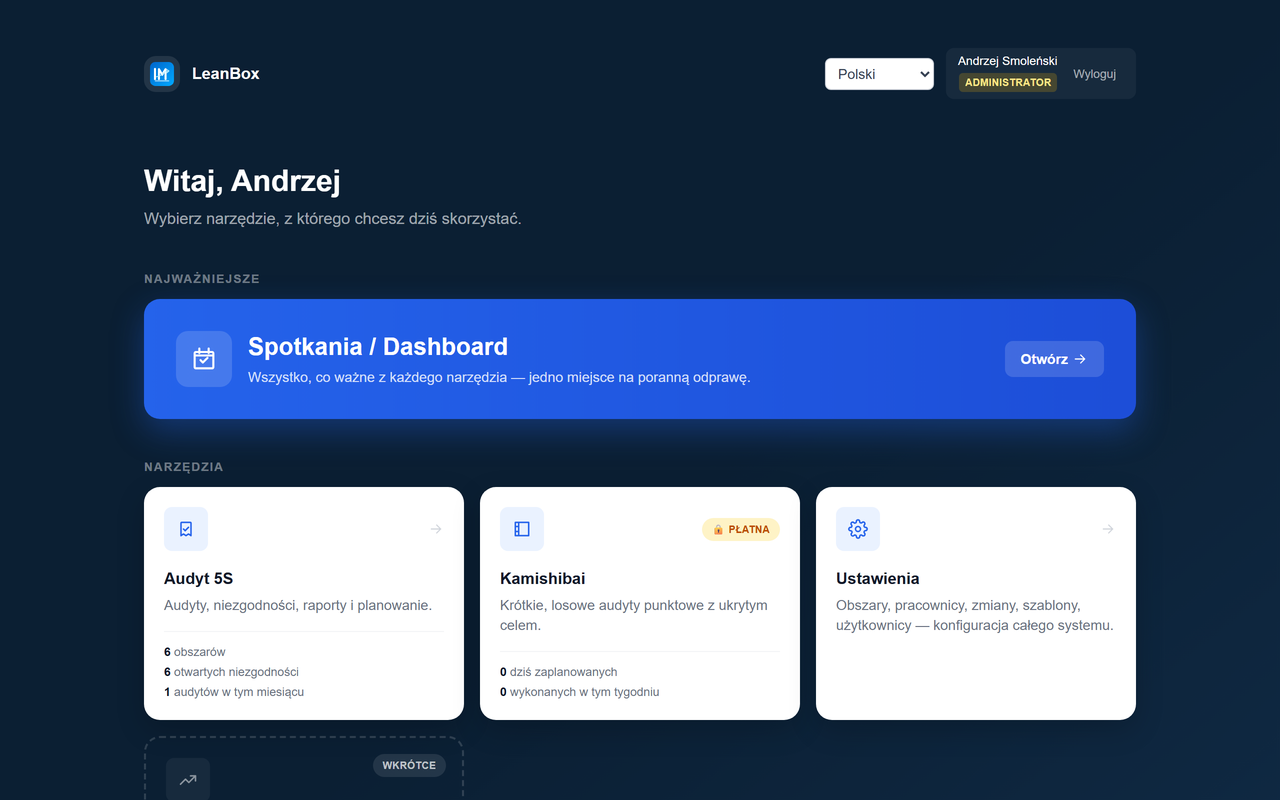 Tool Hub LeanBox z kafelkami Audyt 5S, Kamishibai (płatna) i Ustawienia
