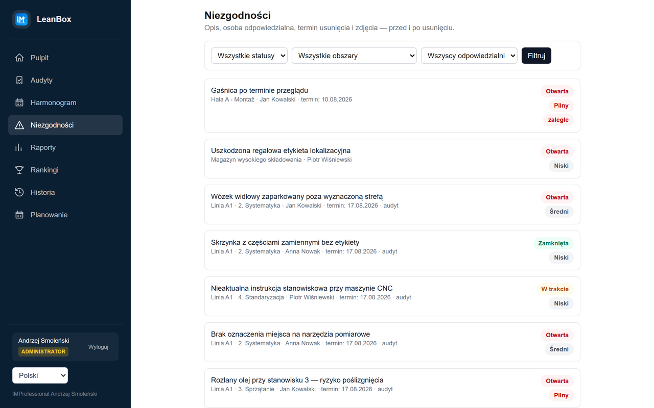 Lista niezgodności z filtrami, statusem, priorytetem i terminem